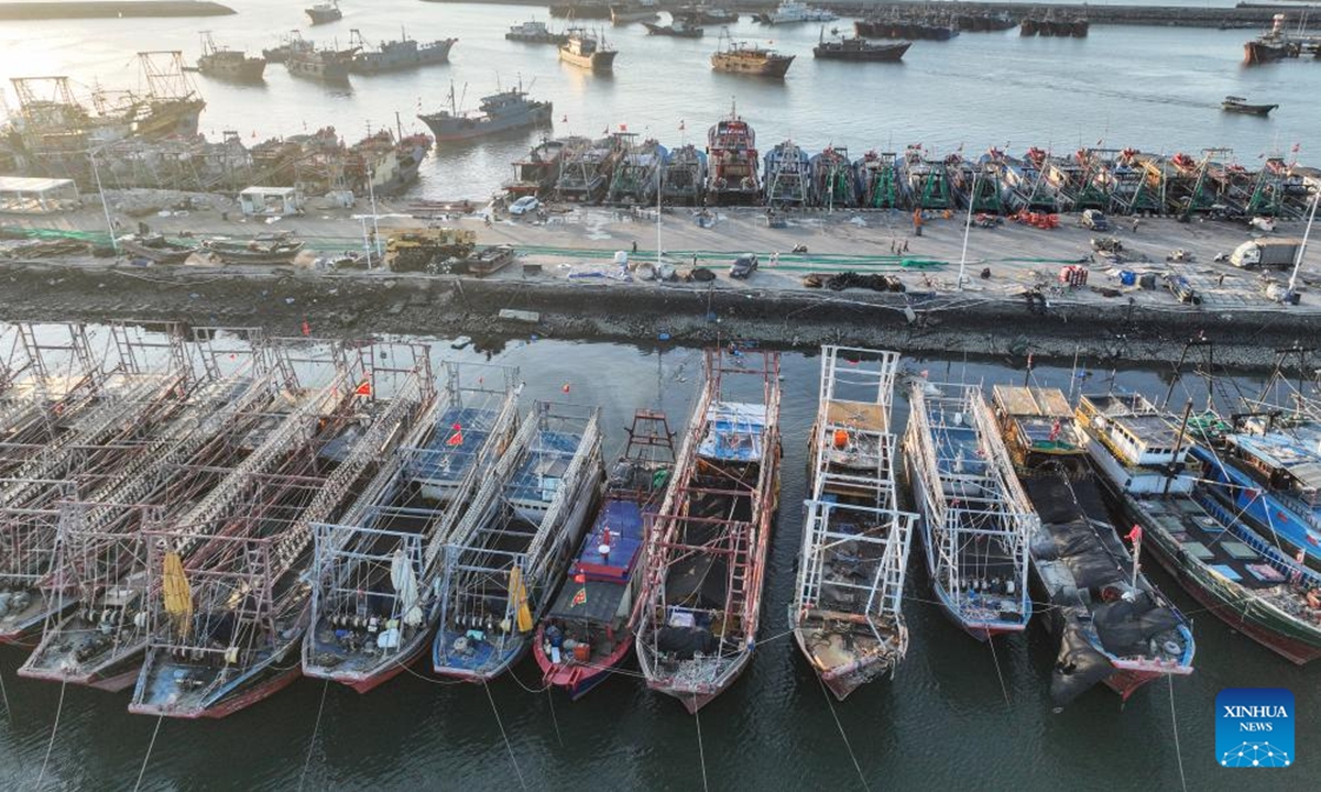 An aerial photo taken on Oct. 19, 2024 shows a fishing port in Lingao County, south China's Hainan Province. Fishermen here are busy unloading and processing seafood in harvest season. These fresh catches, apart from meeting local demand, will also be marketed nationwide via cold-chain logistics. (Photo: Xinhua)