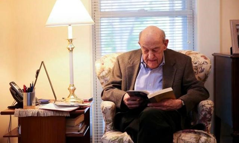 Ezra Vogel reading at home in Cambridge, May 16, 2019.