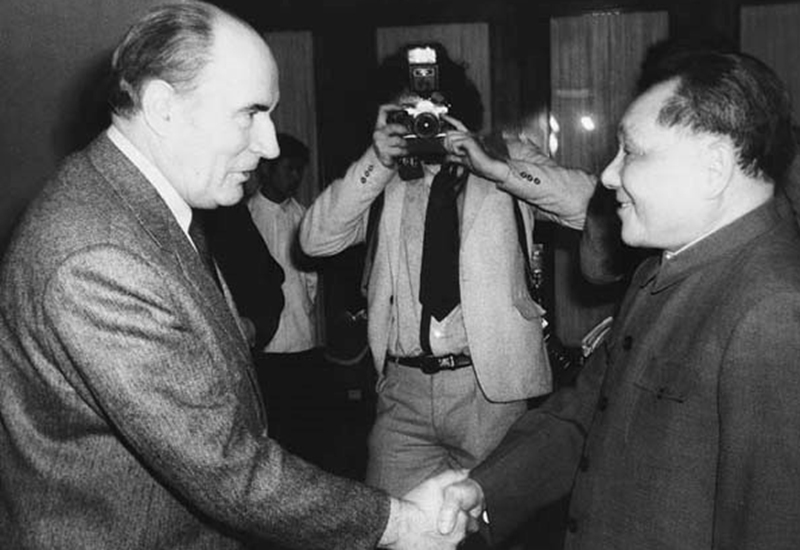 Deng Xiaoping meeting President Mitterrand at the Great Hall of the People on May 5, 1983