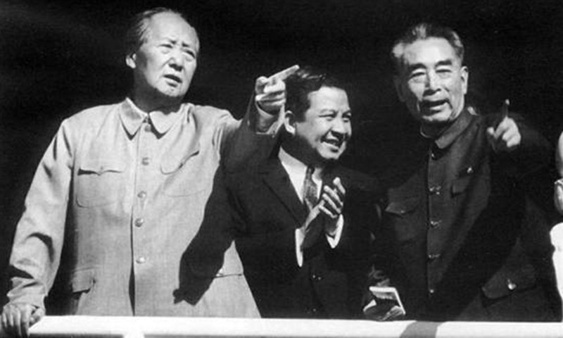 Mao Zedong (left), Zhou Enlai (right) and Prince Sihanouk (middle) at Tian’anmen Rostrum, May 1970