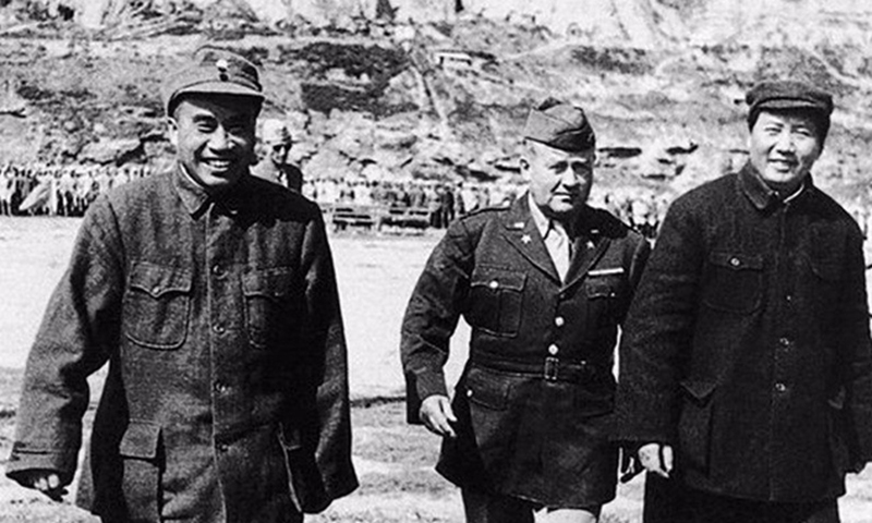 Colonel Barrett with Chairman Mao Zedong and Commander-in-Chief Zhu De in November 1944