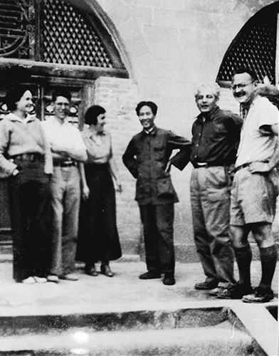 Mao Zedong (third from right) with Helen Foster (first from left) and other foreign friends in Yan'an, 1937