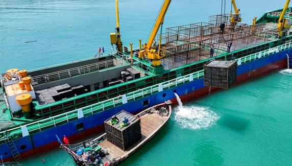 Fujian abalones shipped north to Shandong to beat the summer heat 	 	At dawn on April 20, fishermen were hauling up abalone cages belonging to a company at an abalone breeding area off Houwan village in Tailu town, Lianjiang county, southeast China's Fujian Province, for transfer to Rongcheng in east China's Shandong Province to escape the summer heat.