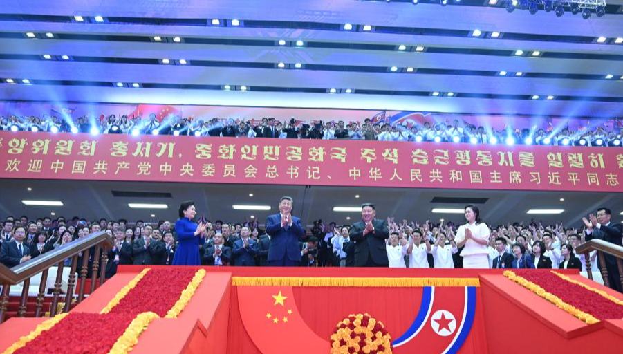 Xi watches artistic performance in Pyongyang during state visit to DPRK 	 	Xi Jinping, general secretary of the Communist Party of China Central Committee and Chinese president, and his wife Peng Liyuan, along with Kim Jong Un, general secretary of the Workers' Party of Korea and president of the State Affairs of the Democratic People's Republic of Korea (DPRK), and Kim's wife Ri Sol Ju, watch an artistic performance at the Pyongyang Gymnasium in Pyongyang, the DPRK, June 8, 2026.